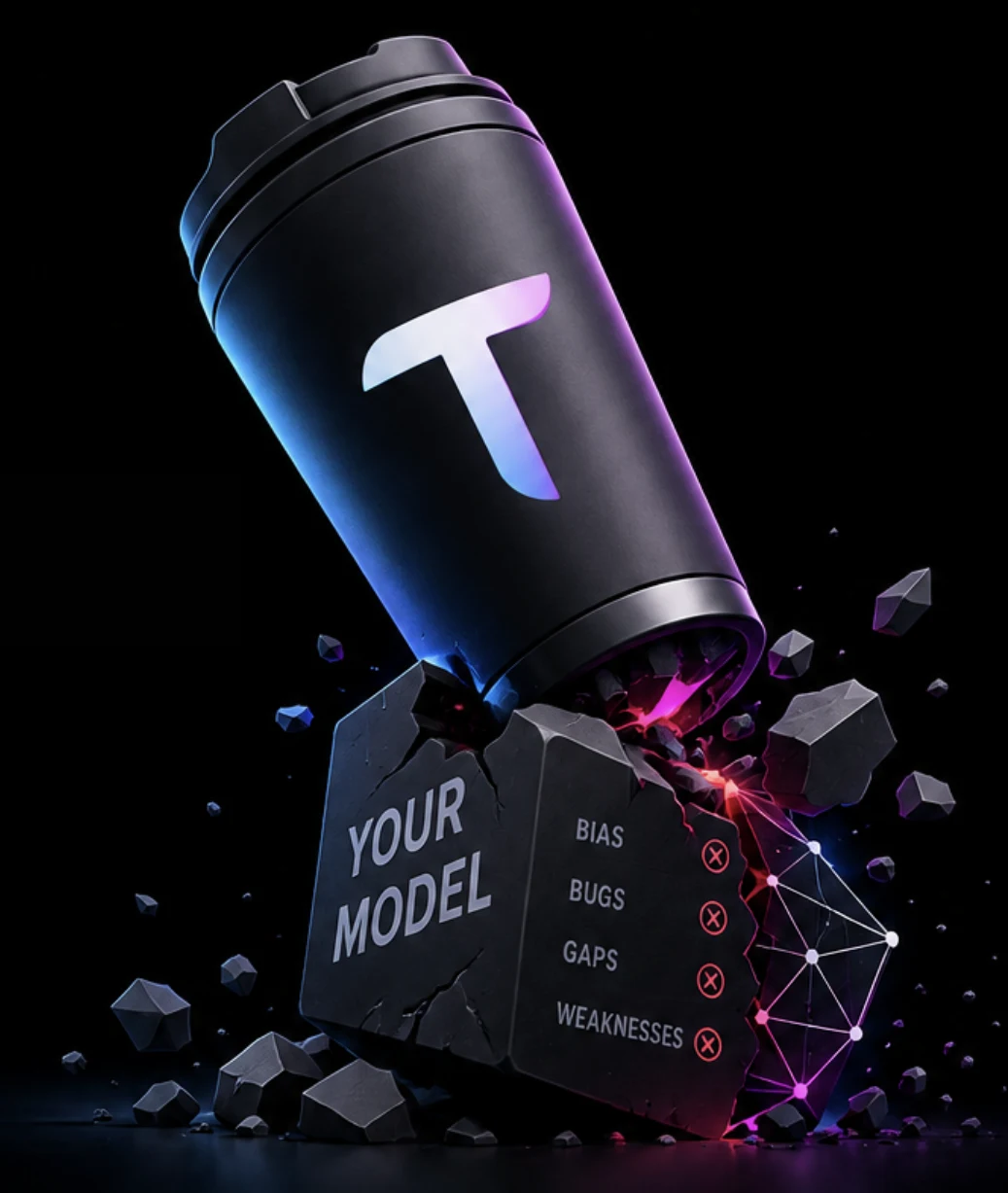 A Tumblrr tumbler smashing into a stone block labelled Your Model, cracking it open to reveal bias, bugs, gaps and weaknesses